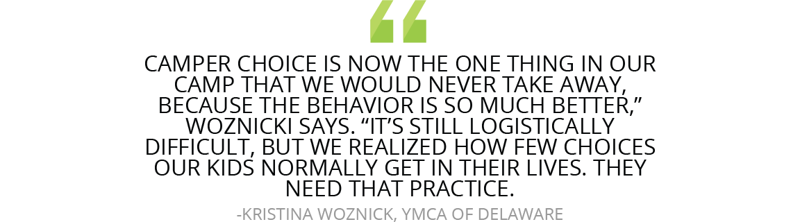 “Camper choice is now the one thing in our camp that we would never take away, because the behavior is so much better,” Woznicki says. “It’s still logistically difficult, but we realized how few choices our kids normally get in their lives. They need that practice.”